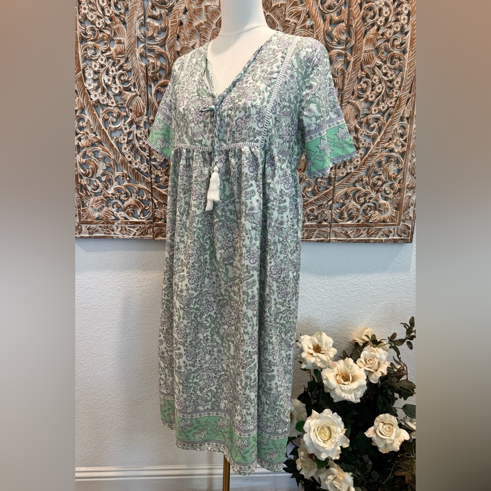 Hawalili Green & Lavender Floral Boho Midi Dress- size S oversized - Picture 6 of 16